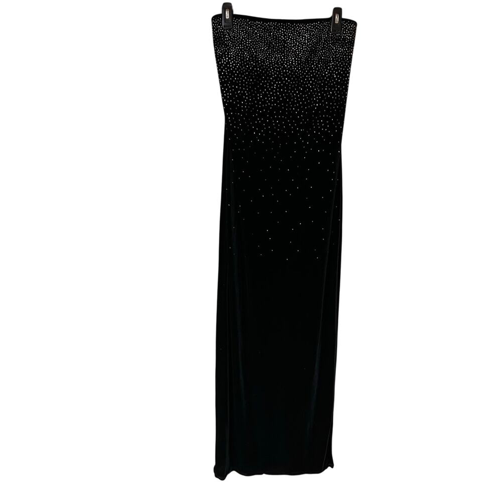 Vintage 90s Y2K Scott McClintock Black Strapless Dress Velvet Size 12 Silver Gem